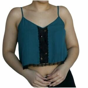 Women's Crop Top Sheer  Lace Green Straps Medium